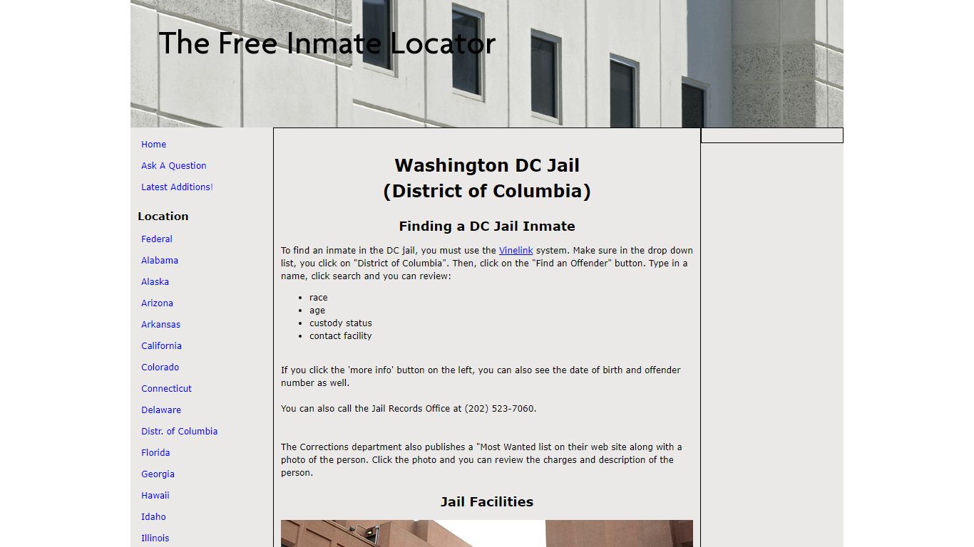 Washington DC Jail (District of Columbia) - The Free Inmate Locator